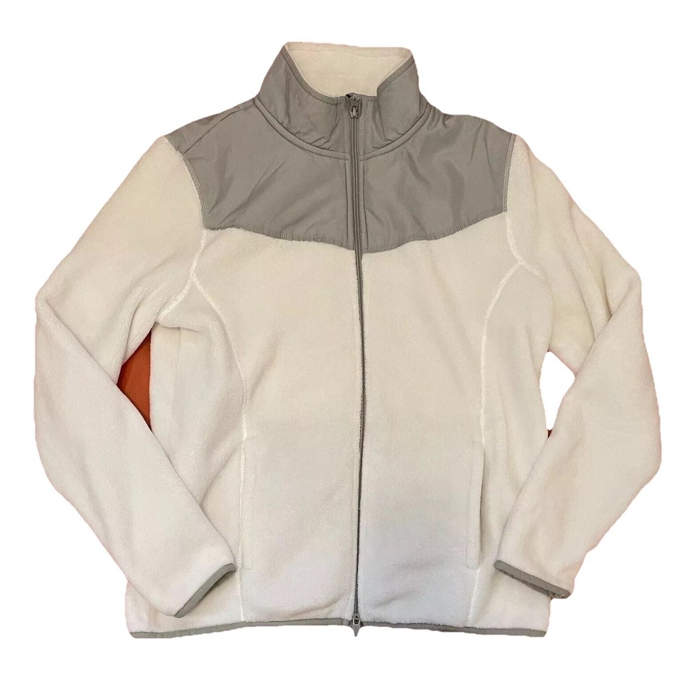 Women's Danskin White Gray Fleece Jacket Full Zip Size Large Pockets So Soft